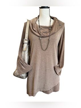 Travelers by Chicos | Taupe Shimmer Cowl Neck Tunic Top | Small